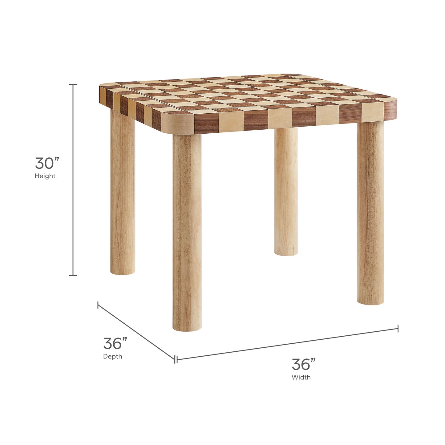Checkerboard wood tabletop (light/dark squares) on four rounded legs, 30" tall, 36" square.