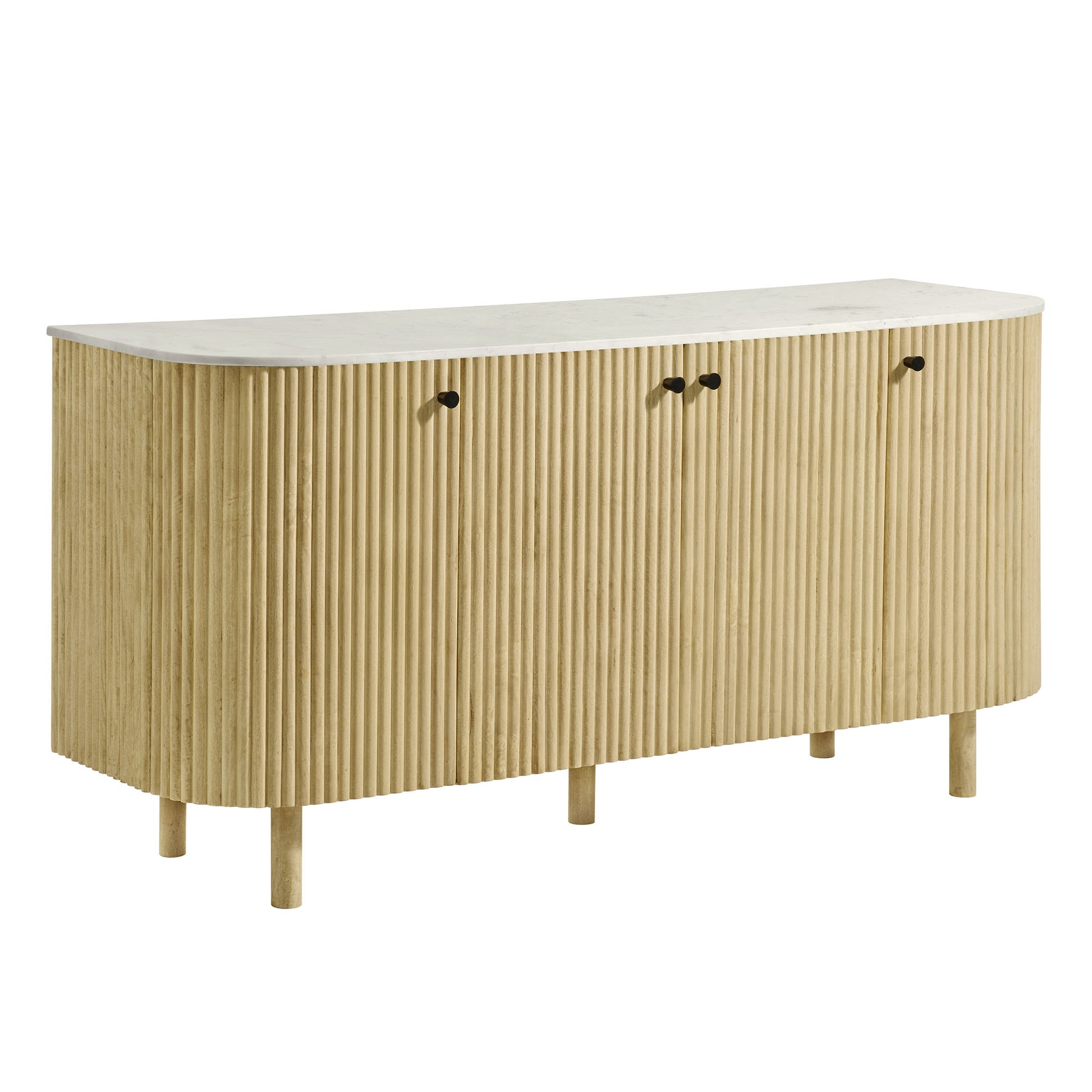 Natural ribbed wood sideboard with white top, three-door cabinet on short rounded legs.