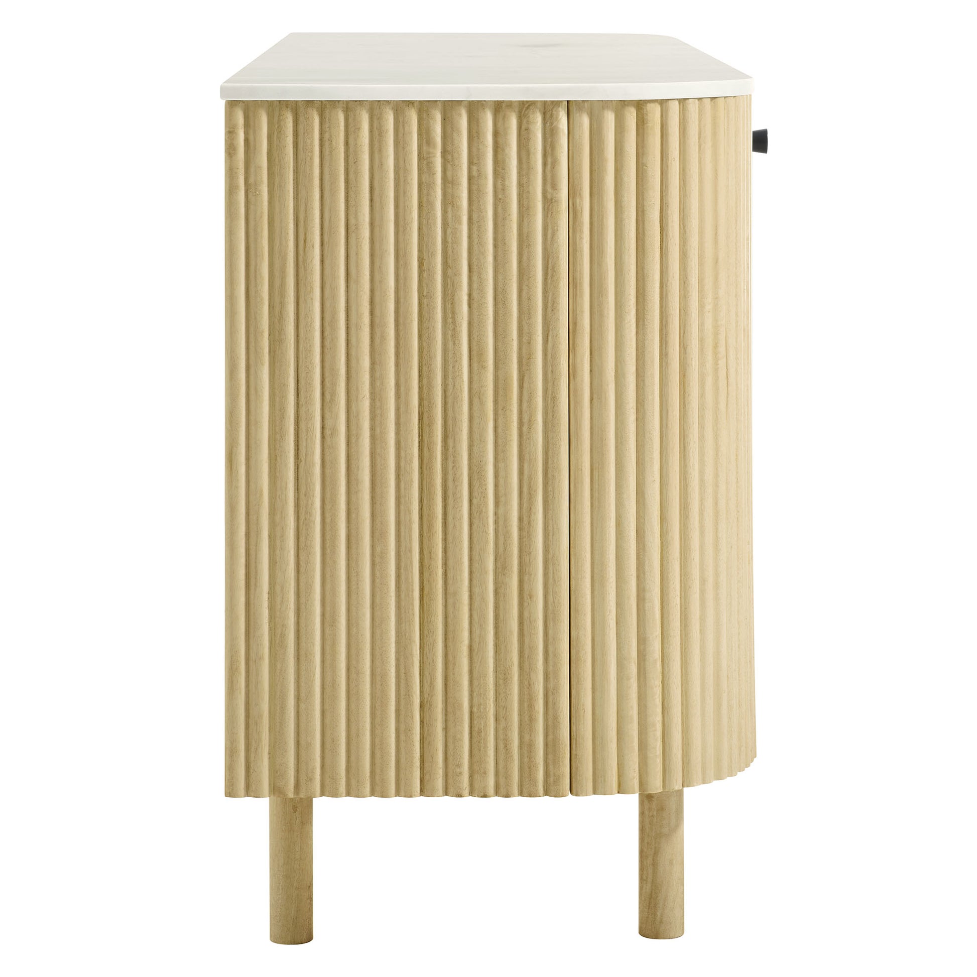 Natural wood slat-front sideboard with a white marble top and short legs; modern rustic storage cabinet.