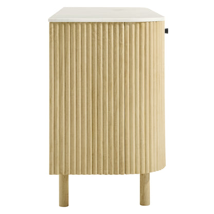 Natural wood slat-front sideboard with a white marble top and short legs; modern rustic storage cabinet.
