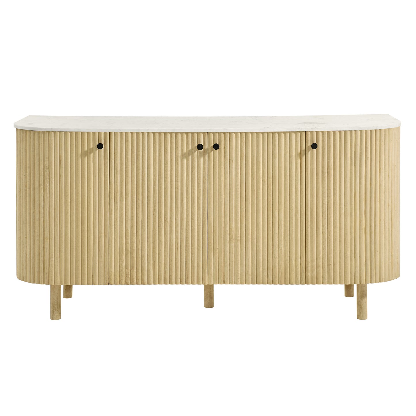 Natural wood fluted curved-front sideboard with white marble top and three doors on short legs.