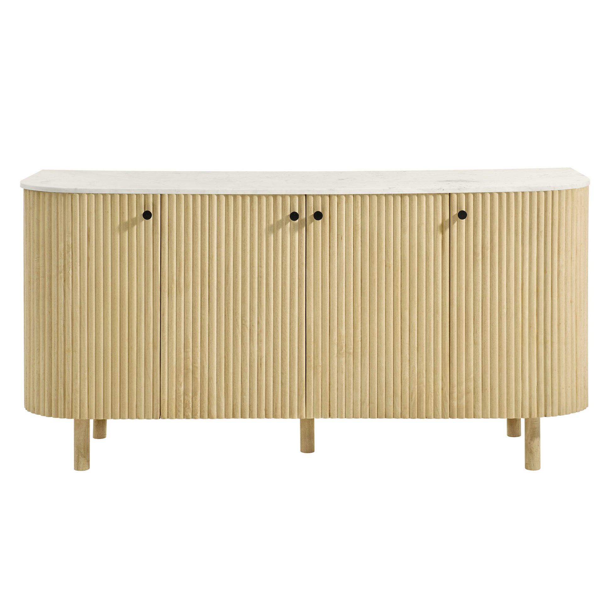 Natural wood fluted curved-front sideboard with white marble top and three doors on short legs.