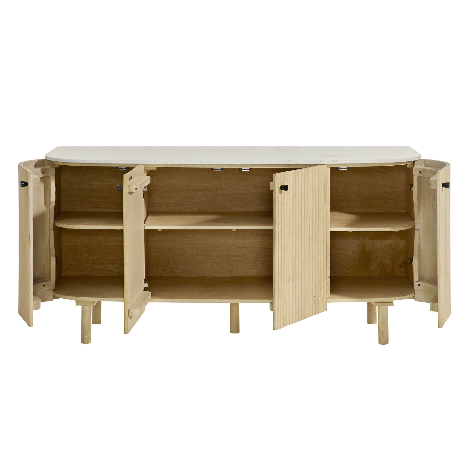 Natural wood sideboard storage cabinet with three cupboard doors, interior shelves, curved top & tapered legs.