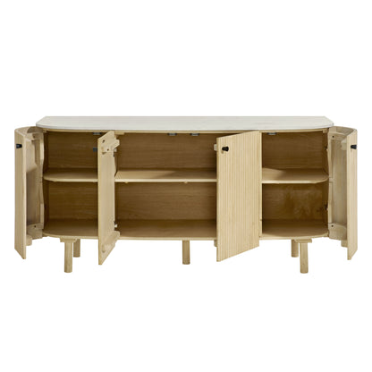 Natural wood sideboard storage cabinet with three cupboard doors, interior shelves, curved top & tapered legs.