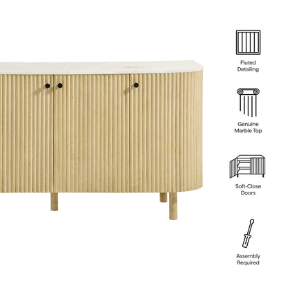 Brown curved solid wood and marble sideboard; two doors with soft-close hinges; assembly required; 60" long.