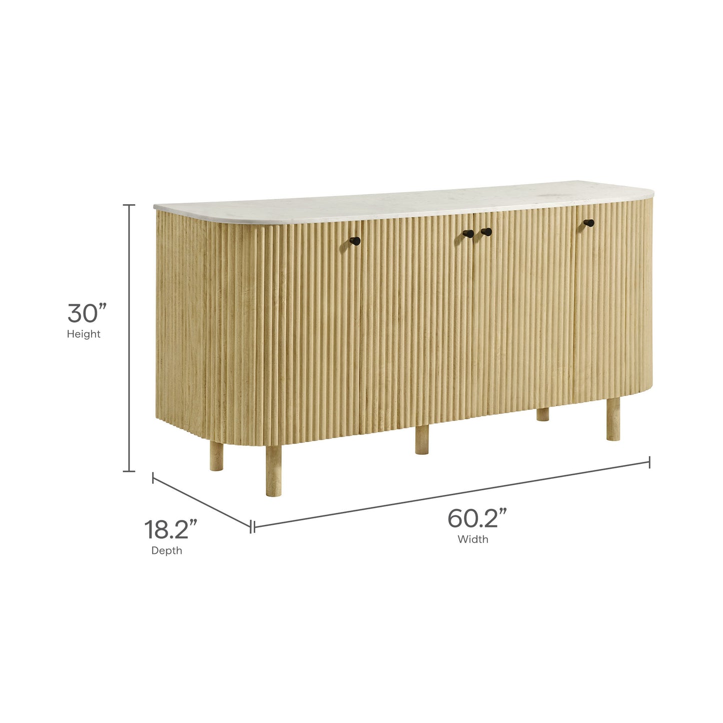 Curved solid wood & marble sideboard with 3 doors, black knobs and raised legs; 60.2 W x 18.2 D x 30 H