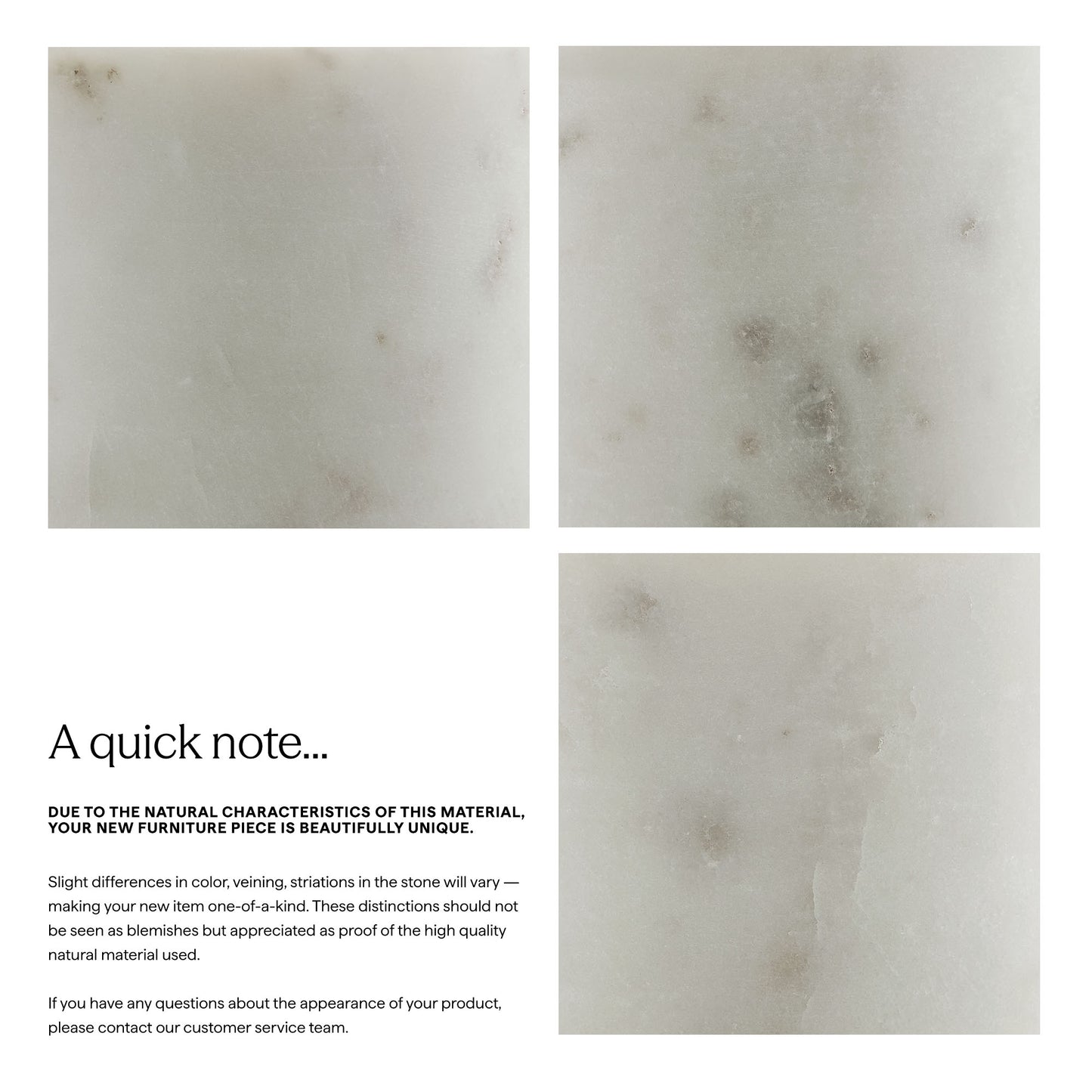 Four pale ivory marble close-ups with subtle gray veining, plus a curved solid wood and marble sideboard with storage.