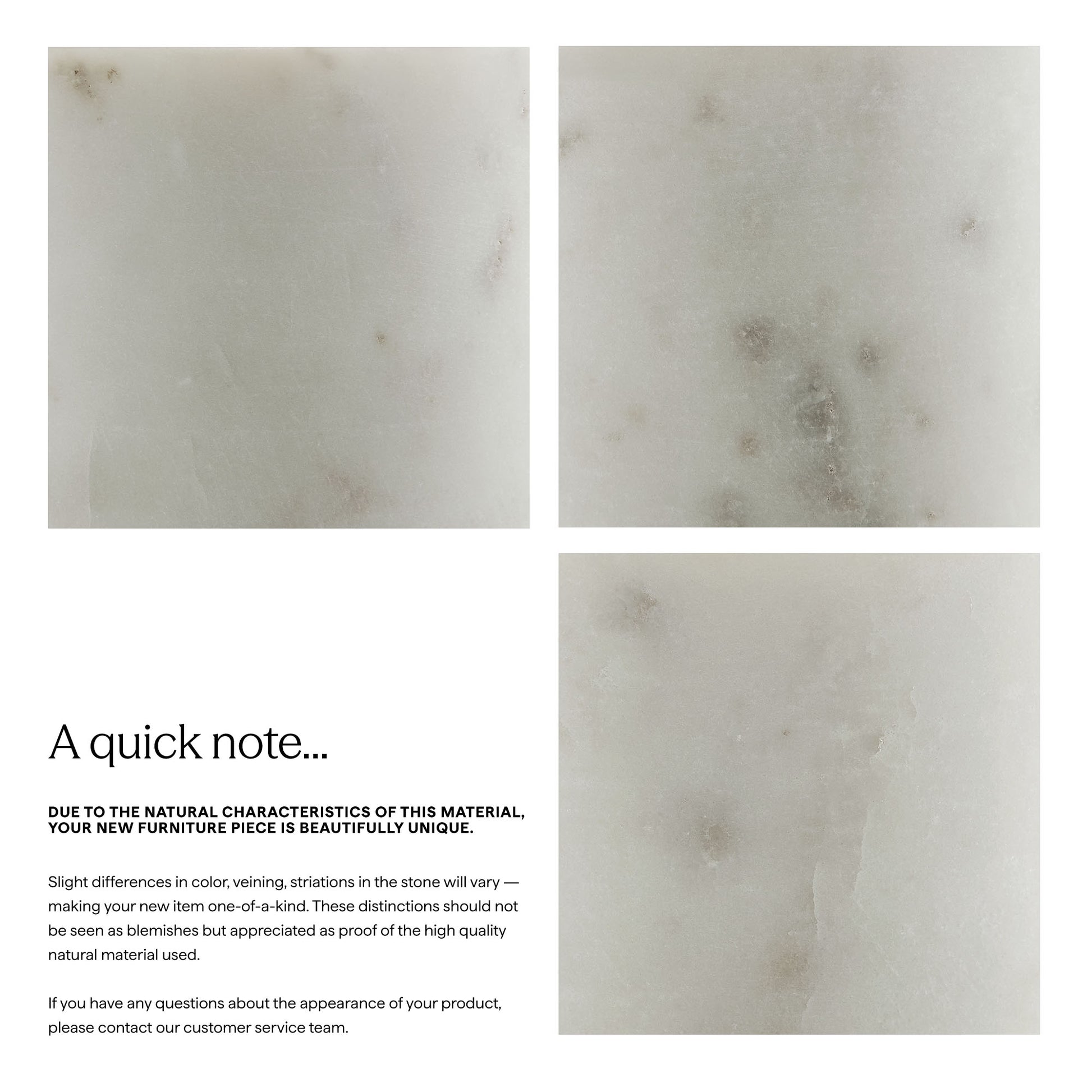 Four pale ivory marble close-ups with subtle gray veining, plus a curved solid wood and marble sideboard with storage.
