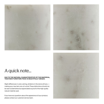 Four pale ivory marble close-ups with subtle gray veining, plus a curved solid wood and marble sideboard with storage.
