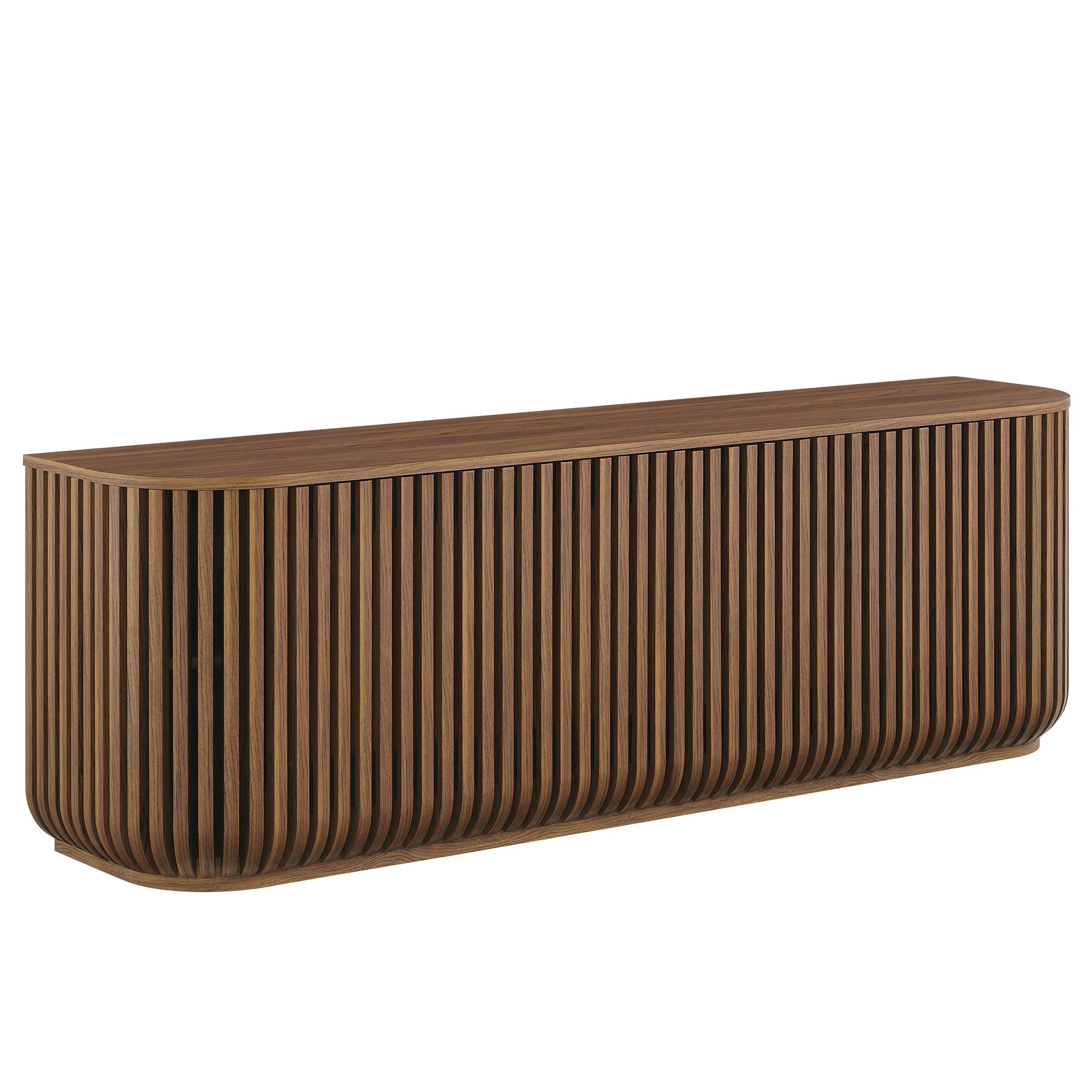 Walnut-finish curved sideboard cabinet with vertical slat front and rounded corners.