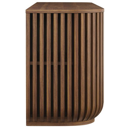 Walnut wood curved sideboard storage cabinet with vertical slat front & rounded lower edge; mid-century design.