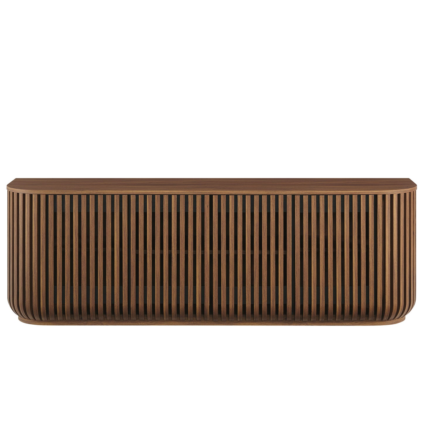 Walnut-toned curved sideboard storage cabinet with rounded edges and vertical wood slats, modern rustic.