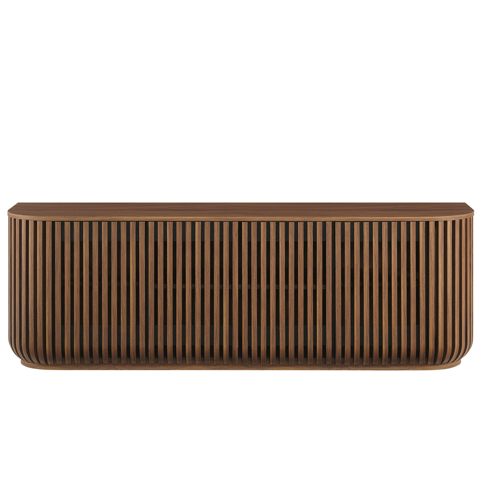 Walnut-toned curved sideboard storage cabinet with rounded edges and vertical wood slats, modern rustic.