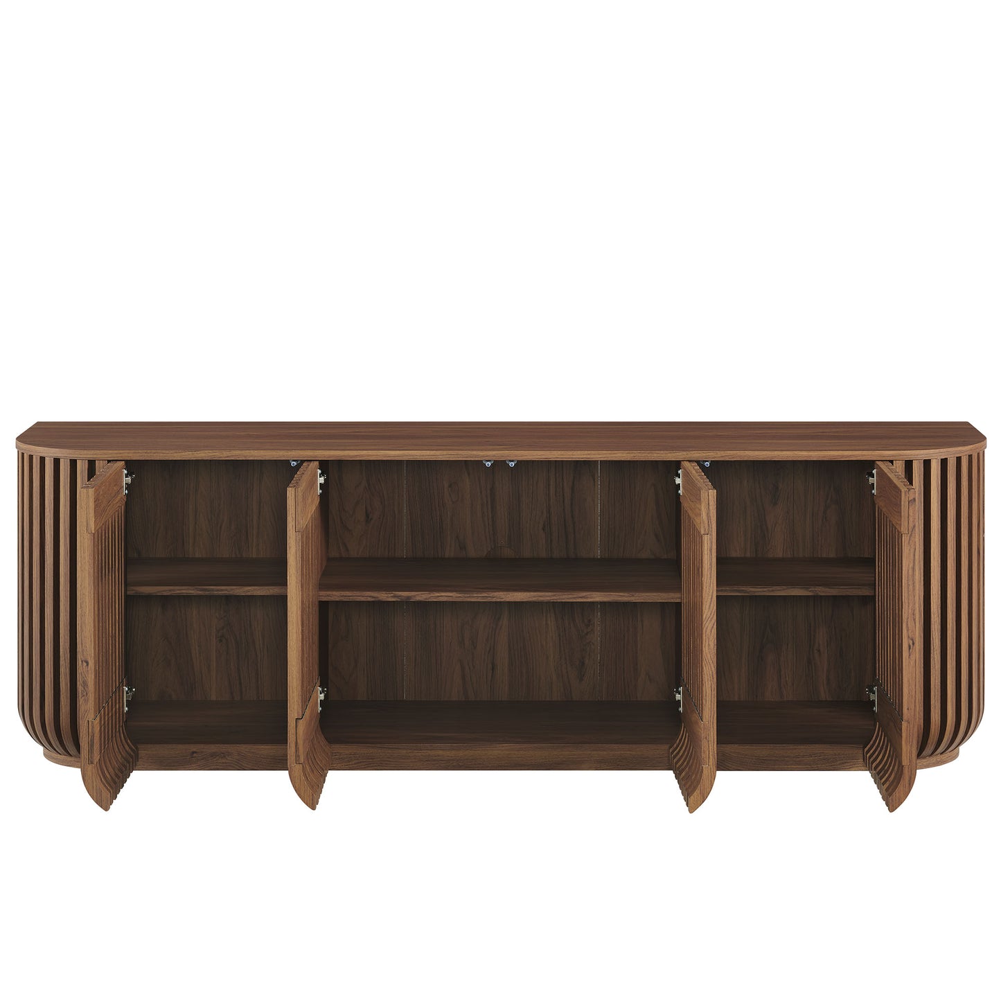 Walnut wood sideboard with rounded slat sides, four hinged doors, interior shelves, long rectangular top.