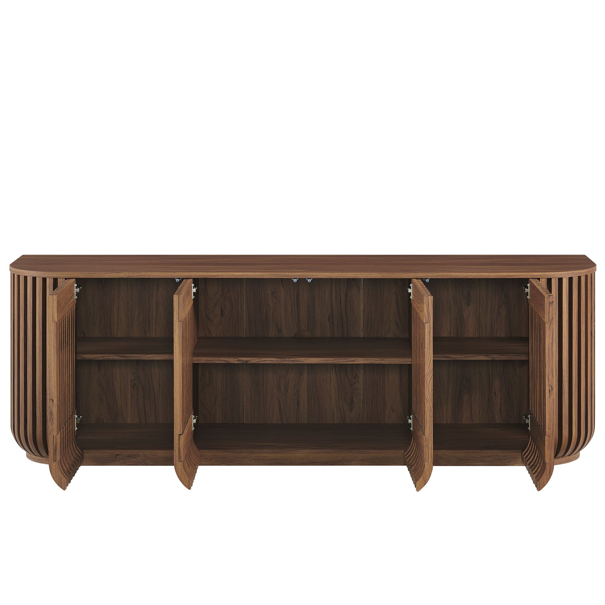 Walnut wood sideboard with rounded slat sides, four hinged doors, interior shelves, long rectangular top.