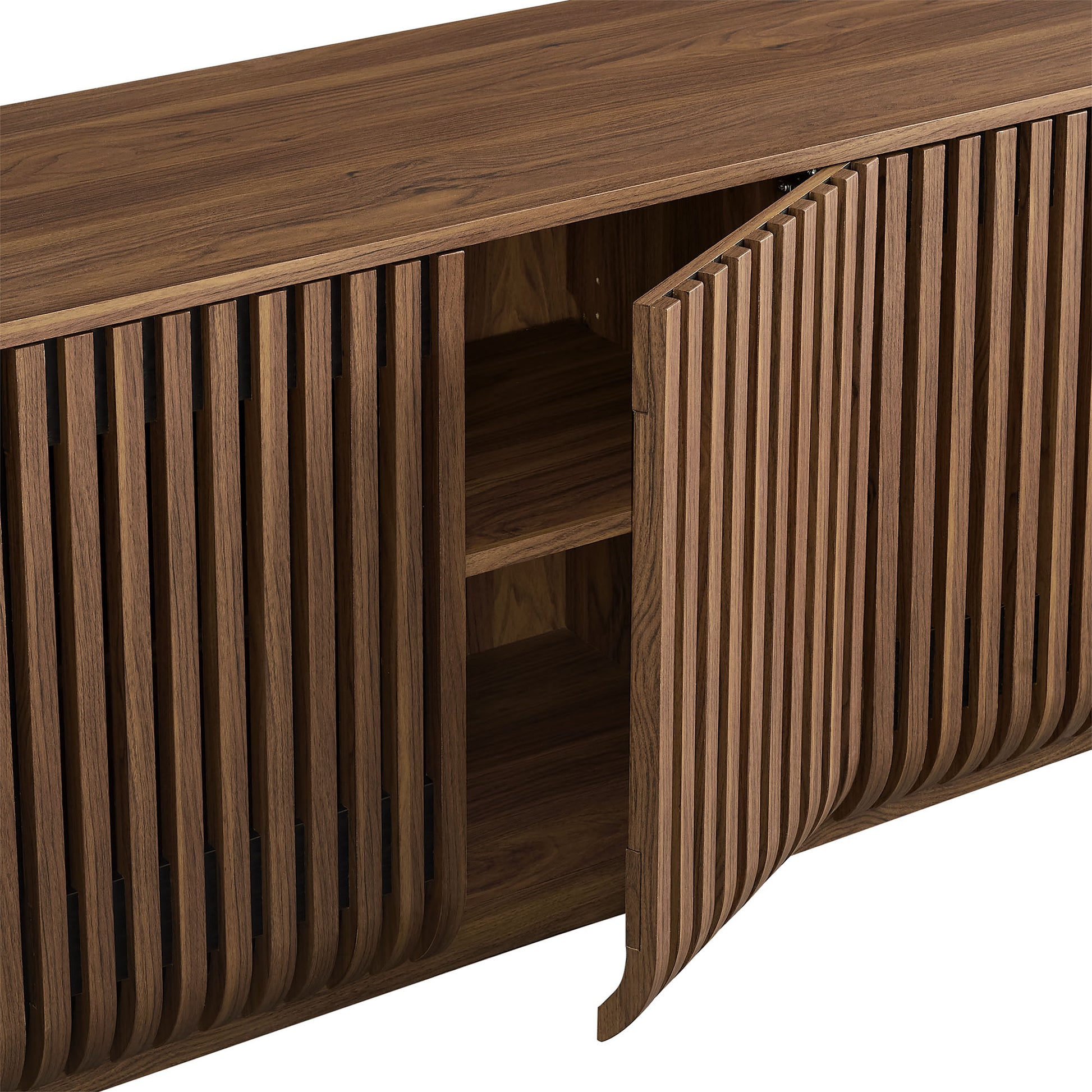 Walnut finished wooden sideboard with vertical slats; right door open to reveal interior shelves, mid-century modern storage.
