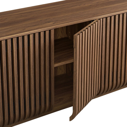 Walnut finished wooden sideboard with vertical slats; right door open to reveal interior shelves, mid-century modern storage.