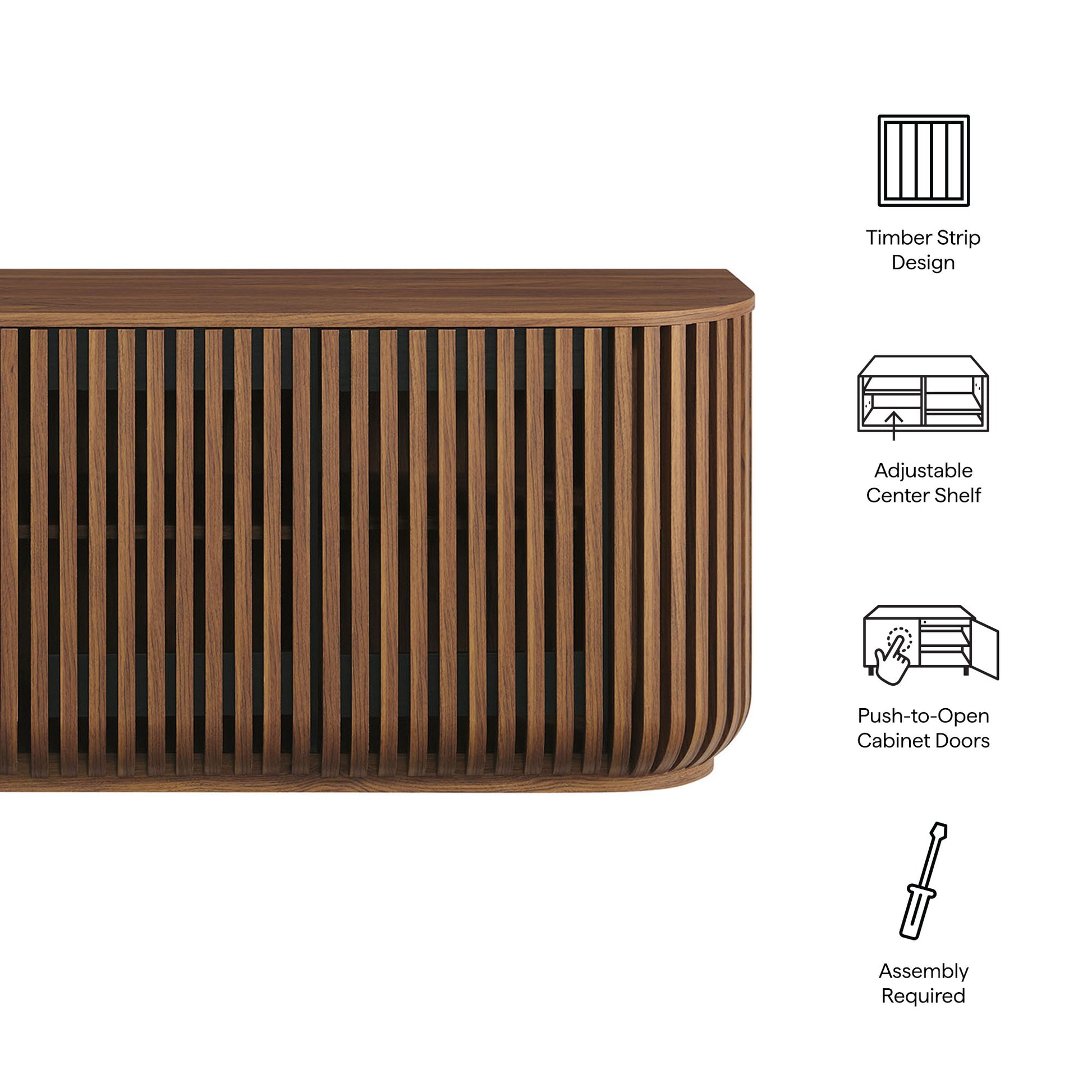 Walnut wood curved sideboard storage cabinet with vertical timber strip design and curved edges; push-to-open doors, adjustable center shelf.