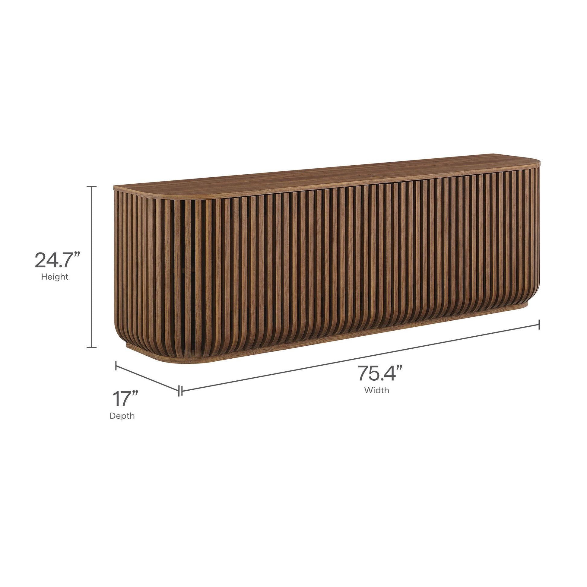 Walnut-finish curved sideboard/storage cabinet with slatted panels; 75.4"W x 24.7"H x 17"D.