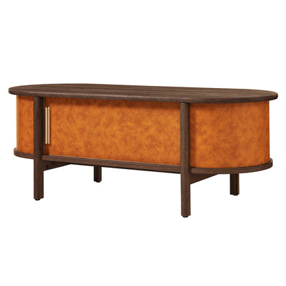Modway - Coralie Curved Vegan Leather Oval Coffee Table by Modway Living Room Tables Walnut Tan - EEI-7371-WAL-TAN