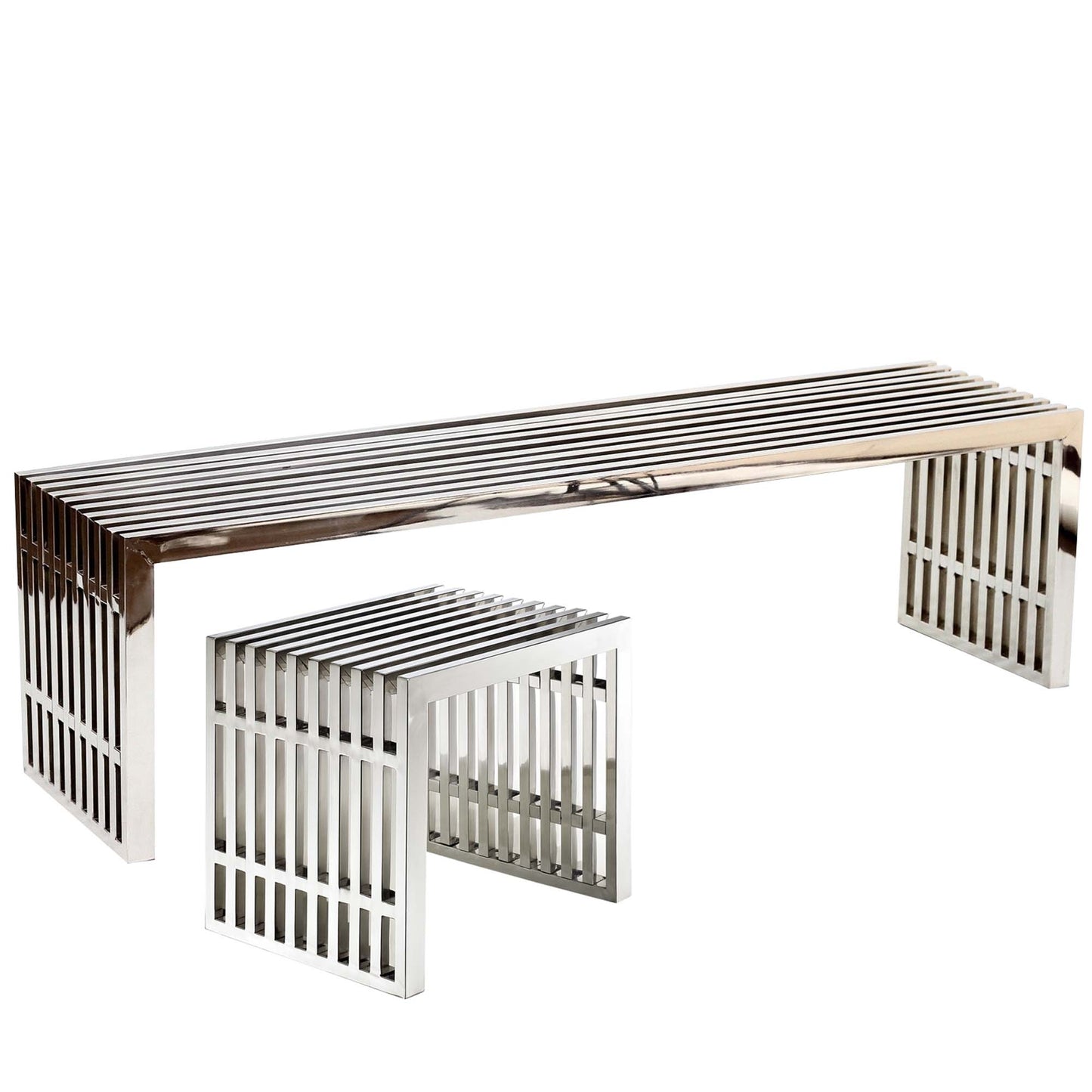 Polished stainless steel bench with slatted top and matching cube stools, modern industrial geometric seating.