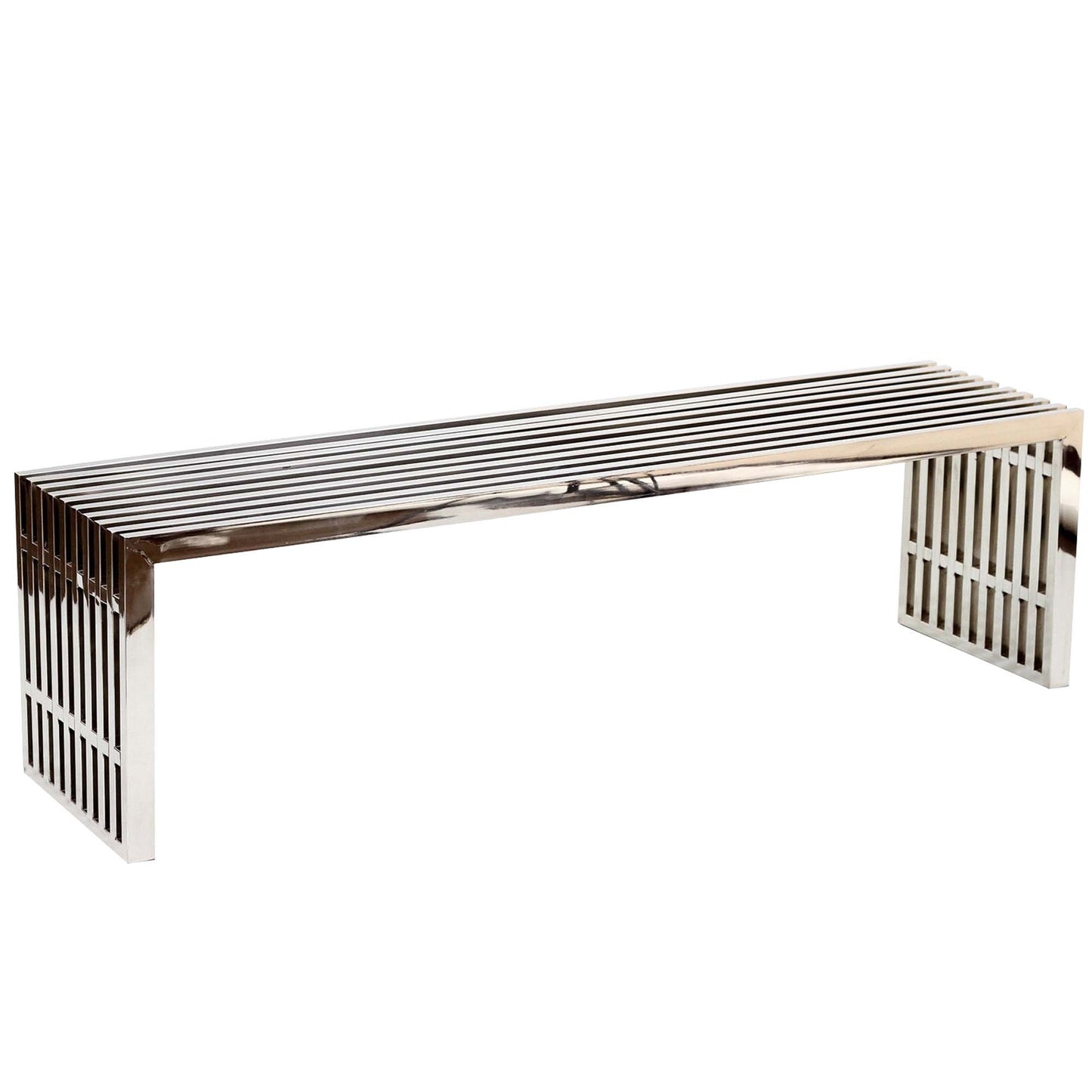 Polished stainless steel bench with horizontal slats and open rectangular end supports; modern minimalist seating.