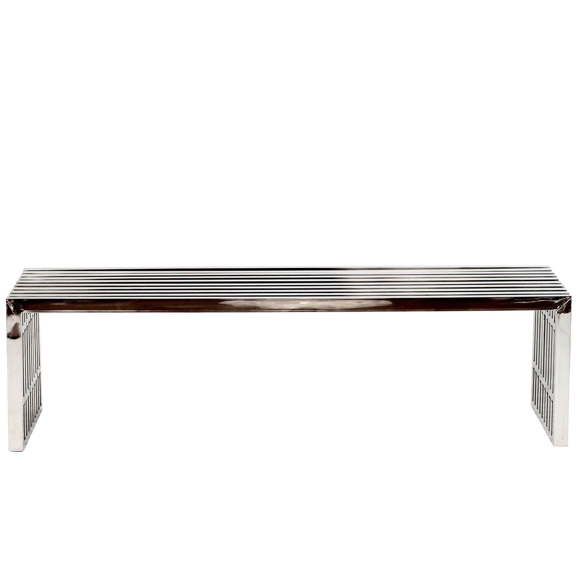 Pair of chrome benches with slatted ribbed seats and squared metal legs in a modern minimalist style.