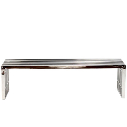 Pair of chrome benches with slatted ribbed seats and squared metal legs in a modern minimalist style.