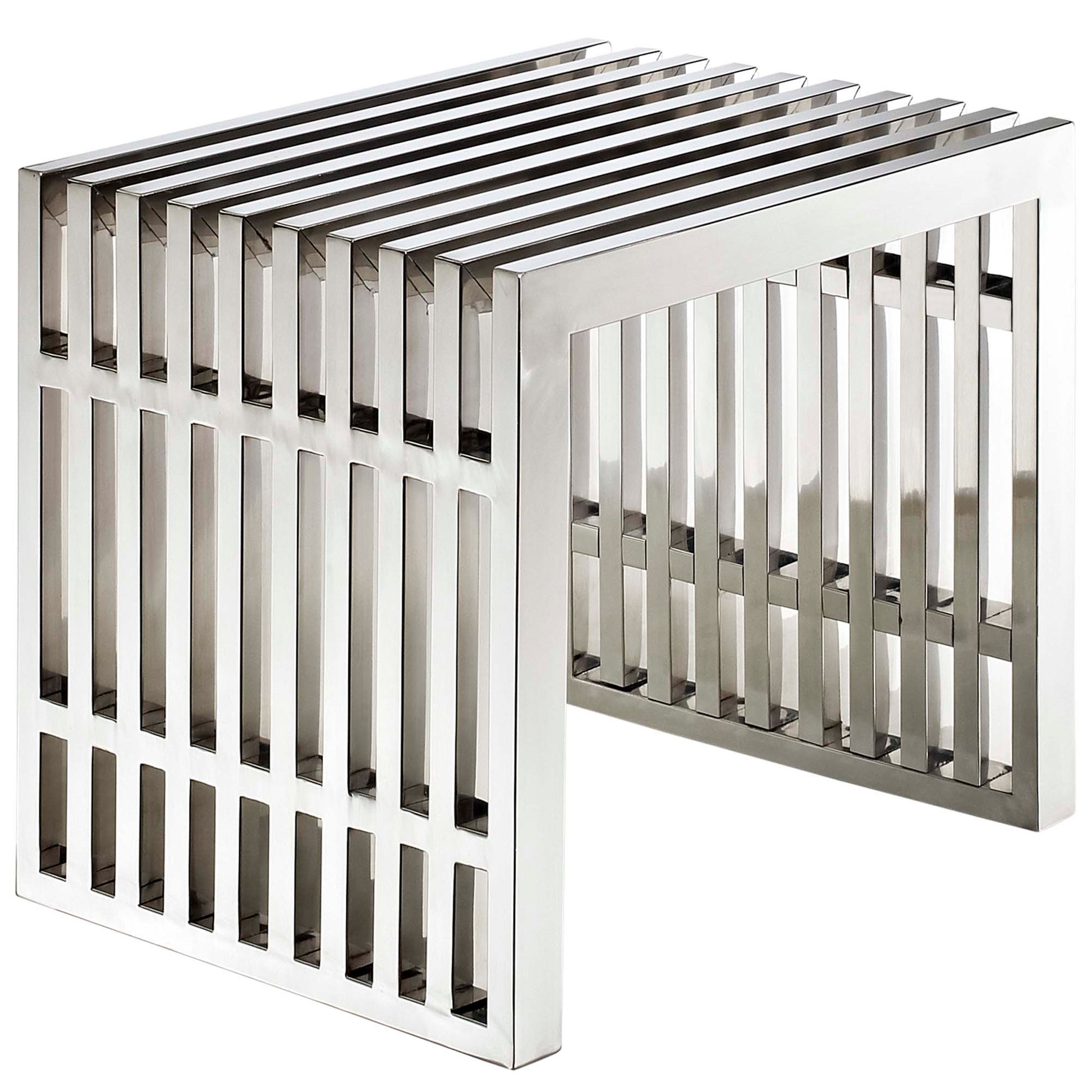 Pair of polished stainless steel benches with grid-style open cage legs in silver.