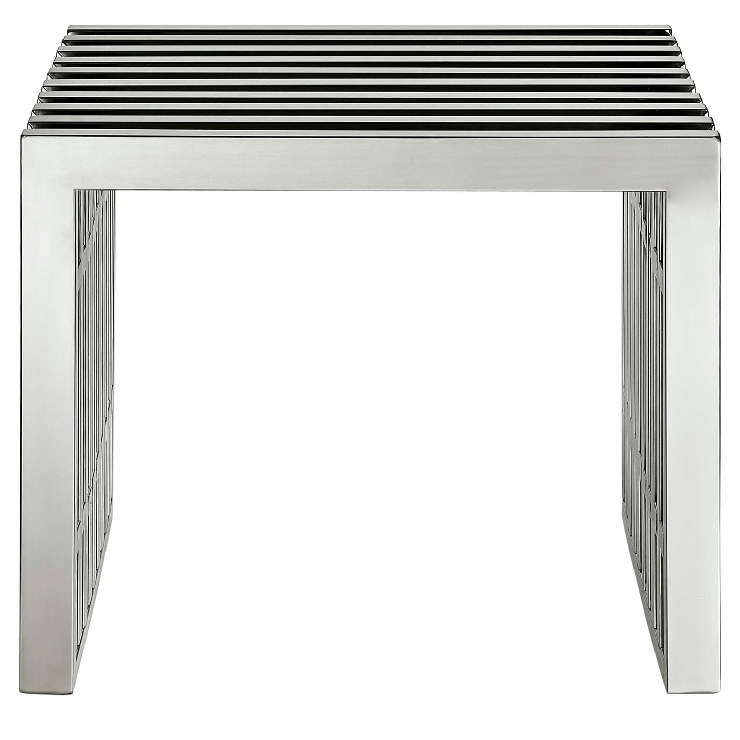 Stainless steel slatted-top benches with an open rectangular frame & modern minimalist design; set of 2.