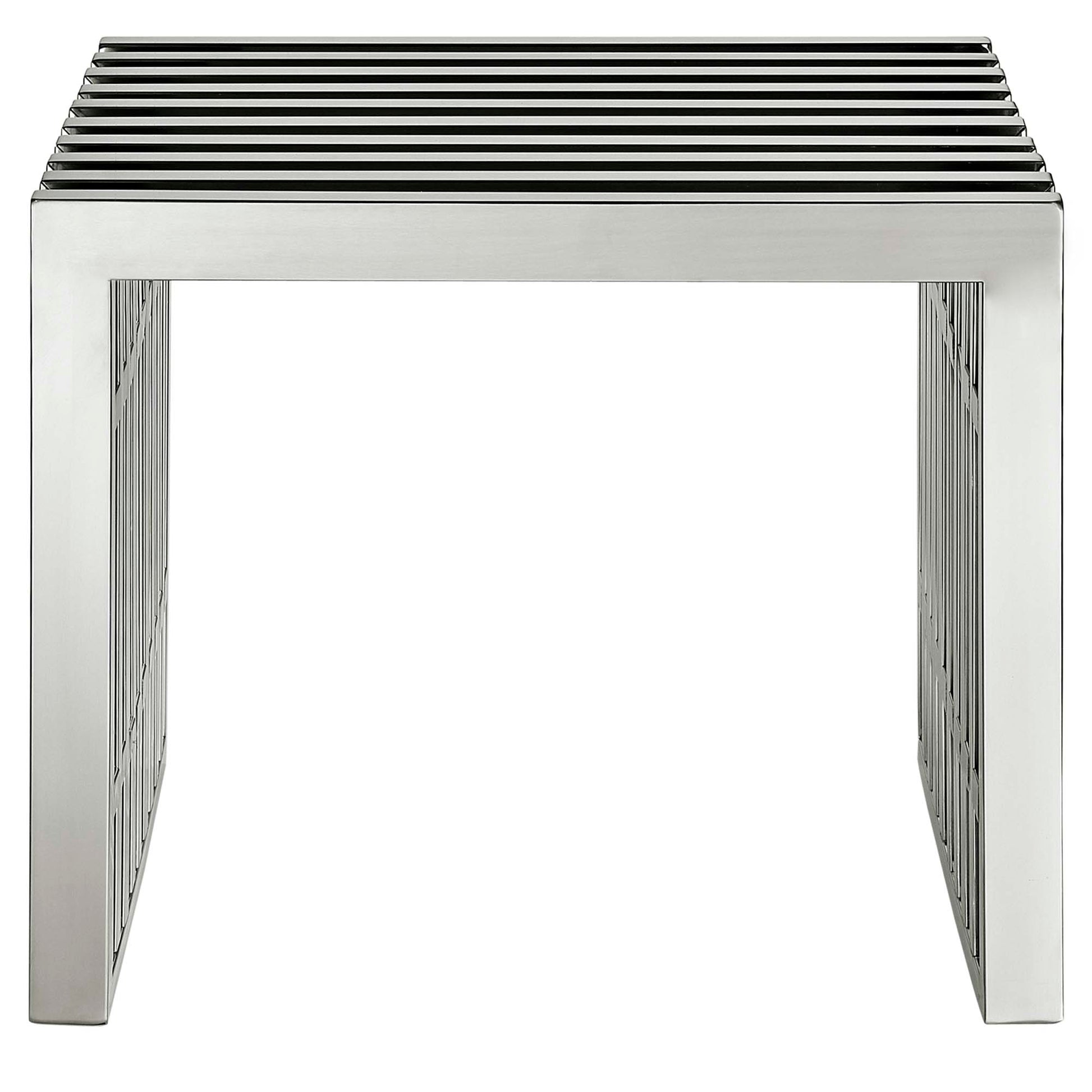 Stainless steel slatted-top benches with an open rectangular frame & modern minimalist design; set of 2.