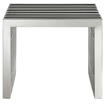 Stainless steel slatted-top benches with an open rectangular frame & modern minimalist design; set of 2.