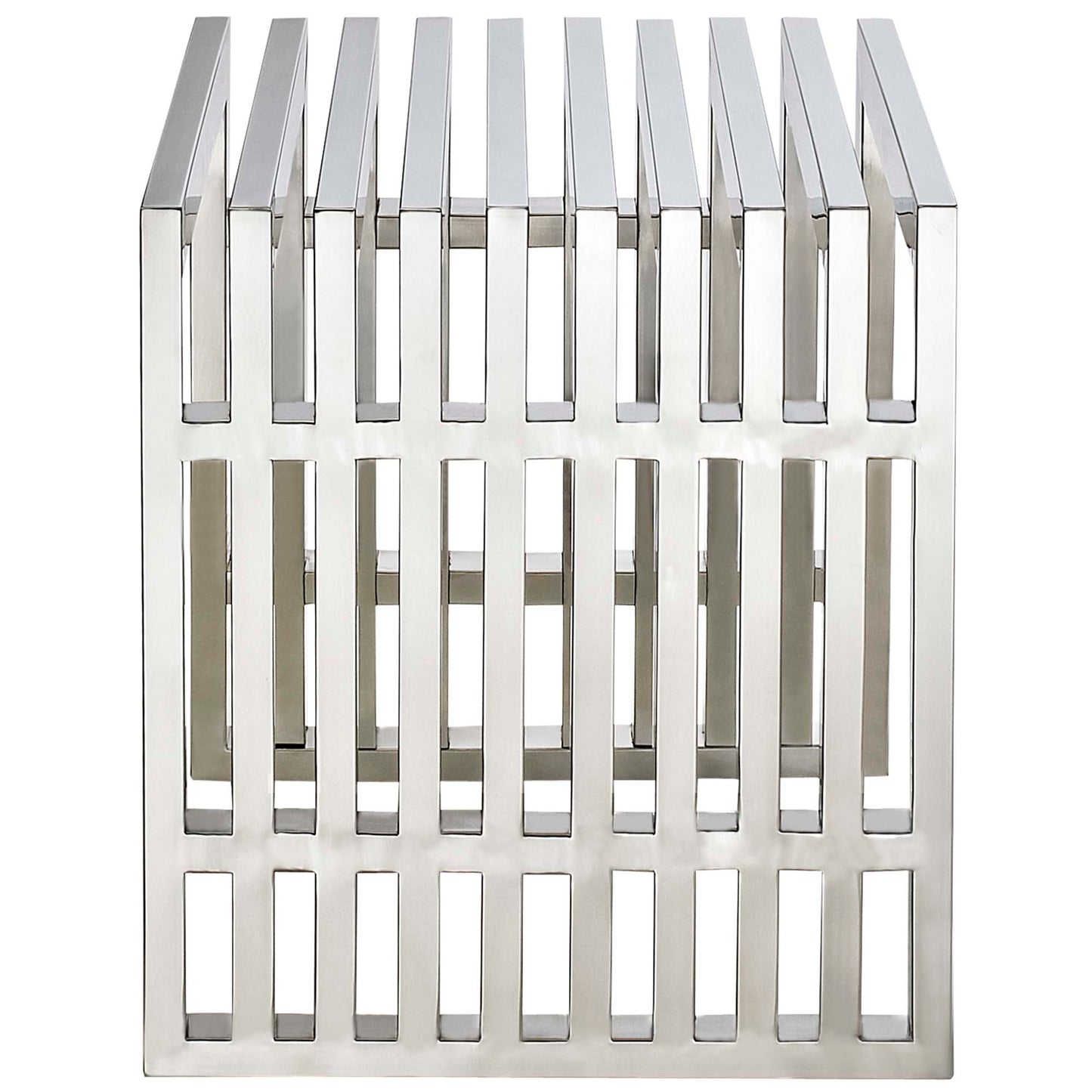 Polished chrome metal benches with grid-pattern frames; a modern silver two-piece set.