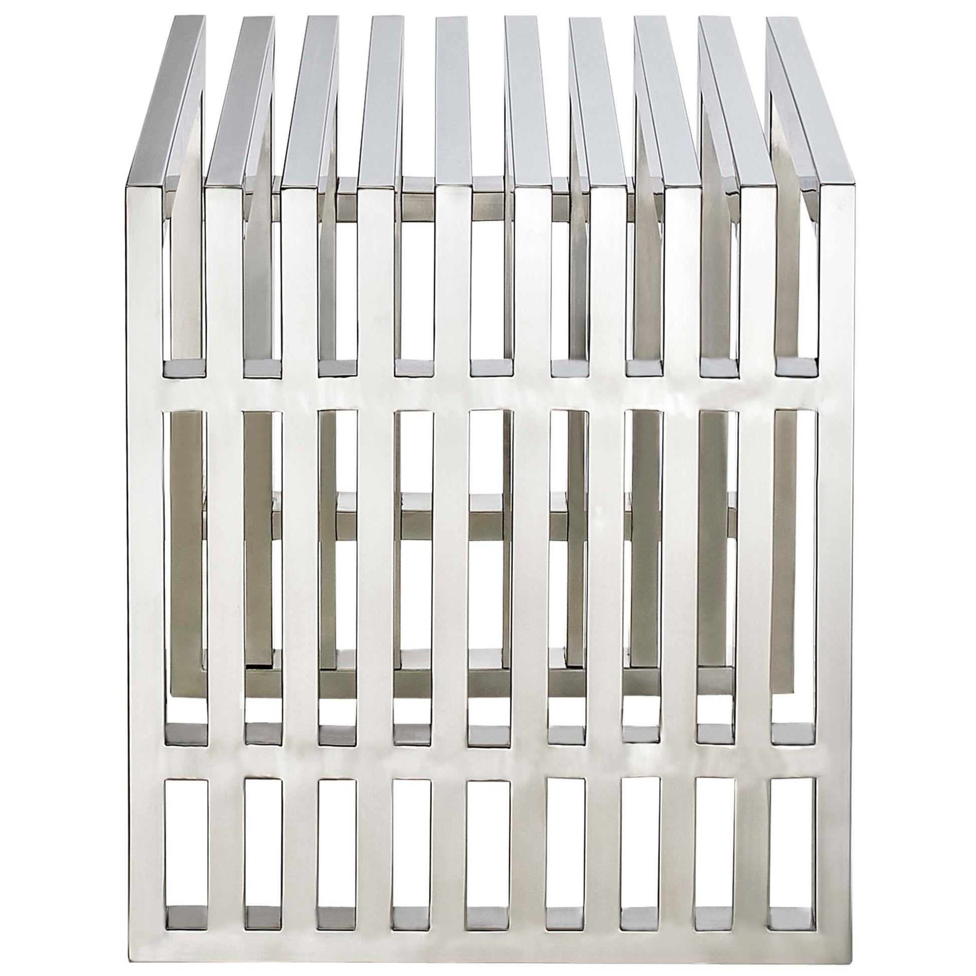 Polished chrome metal benches with grid-pattern frames; a modern silver two-piece set.