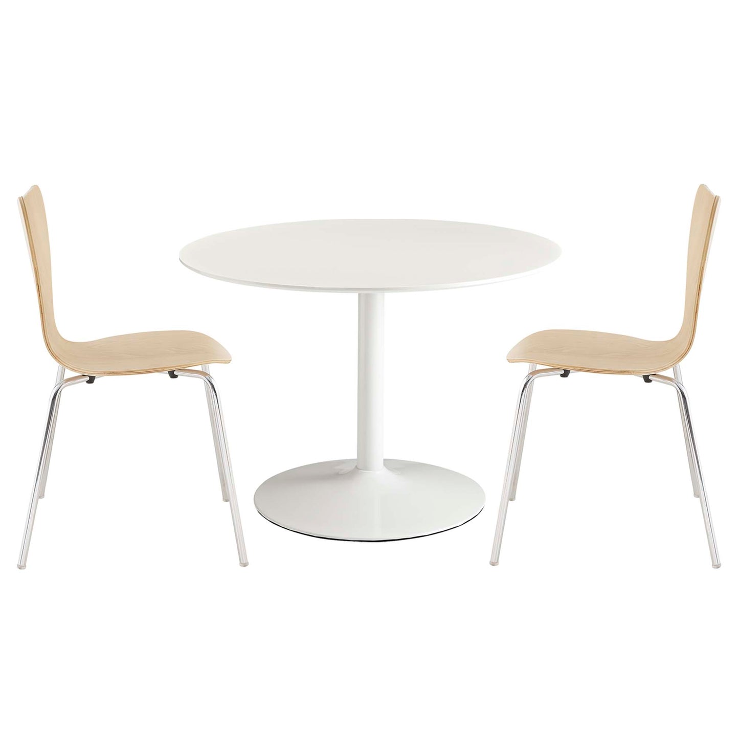 White round pedestal dining table with natural wood chairs on chrome legs; modern minimalist dining set