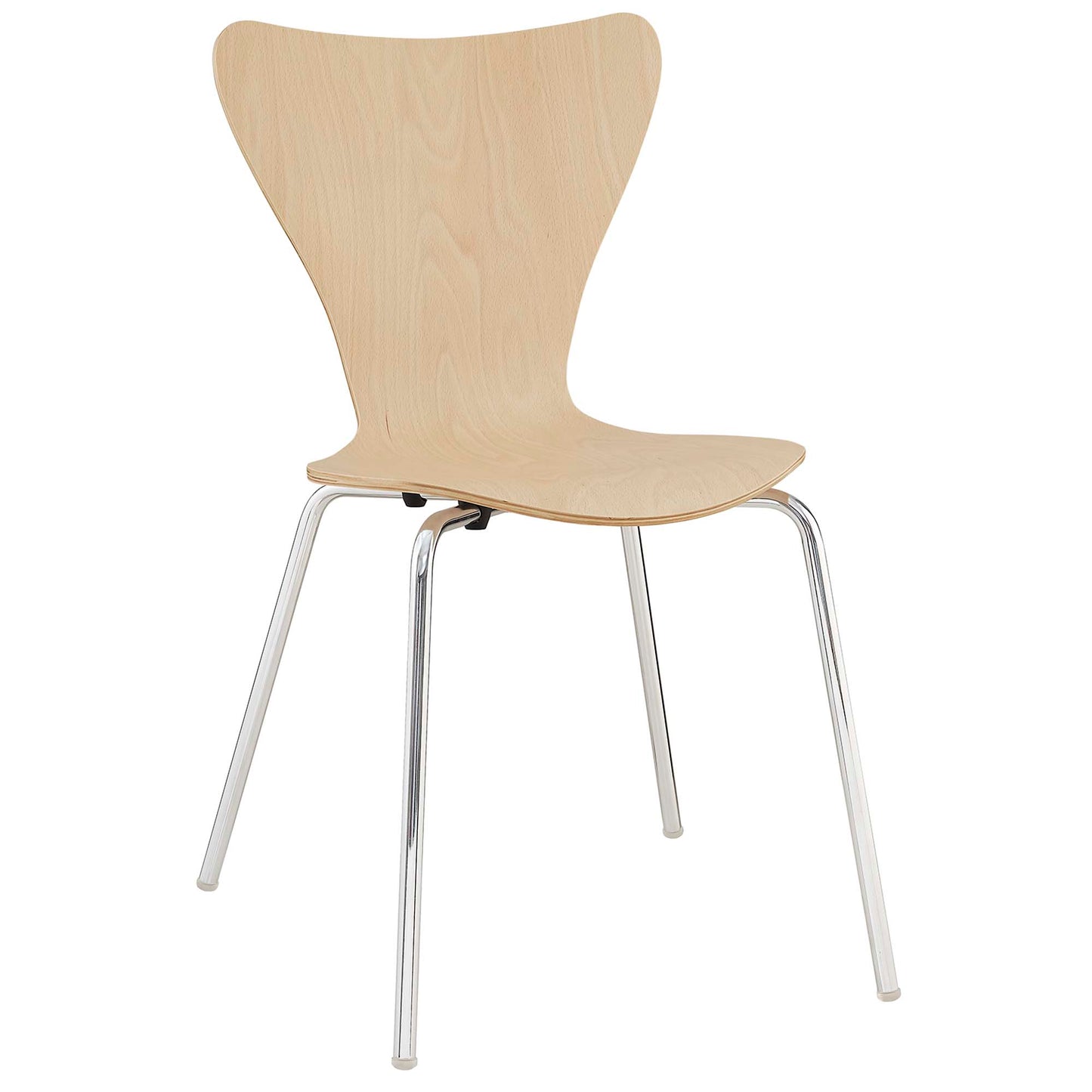 Bent plywood back and seat in natural wood finish, chrome metal legs.