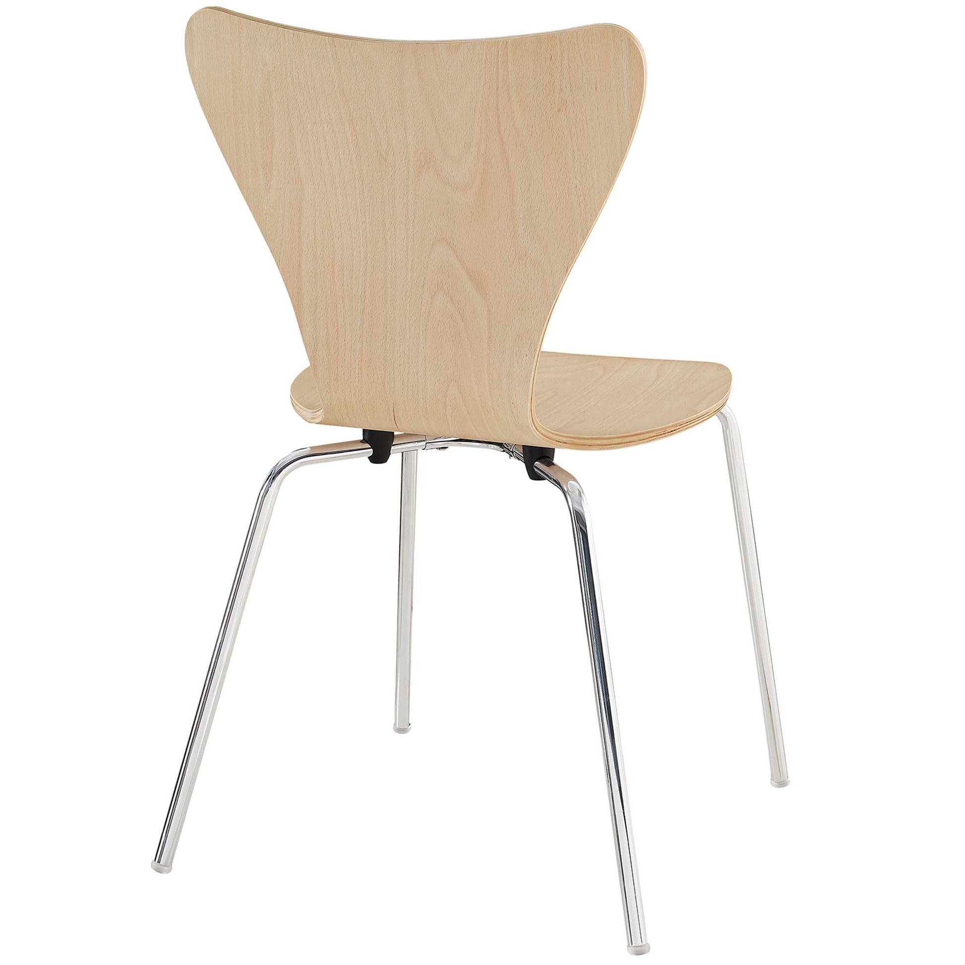 Natural wood dining chair with curved back and seat, chrome metal legs; part of a white natural 3-piece dining set.