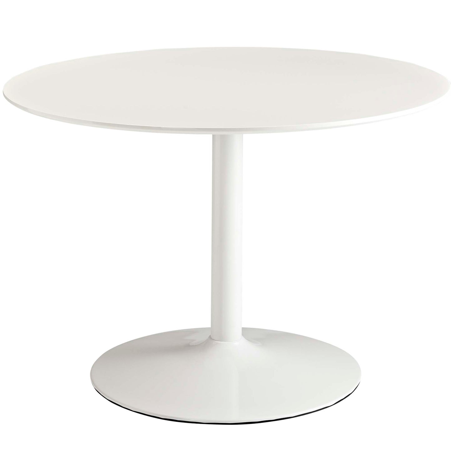 White round lacquered pedestal dining table with central column and circular base; part of a 3-piece dining set.