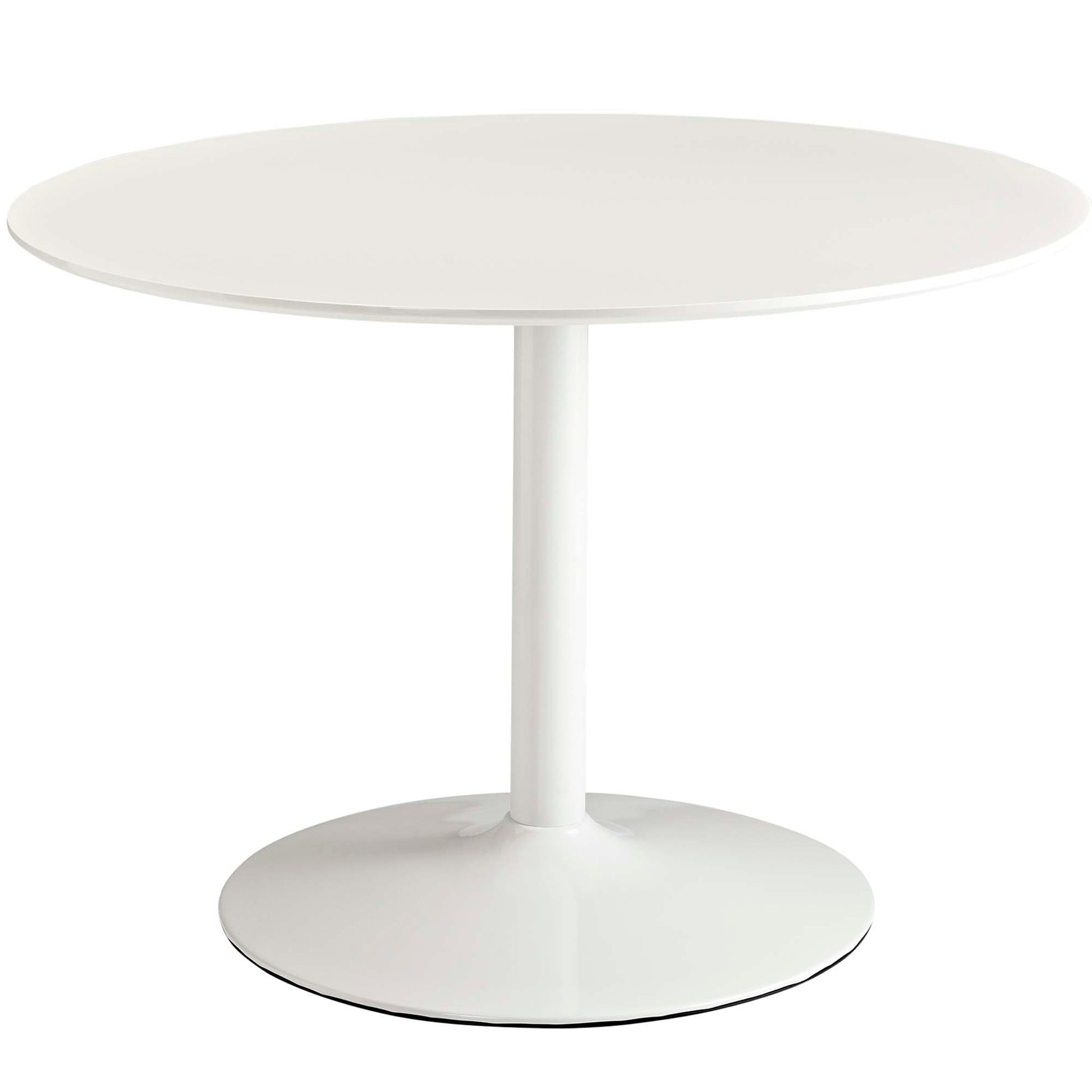 White round lacquered pedestal dining table with central column and circular base; part of a 3-piece dining set.