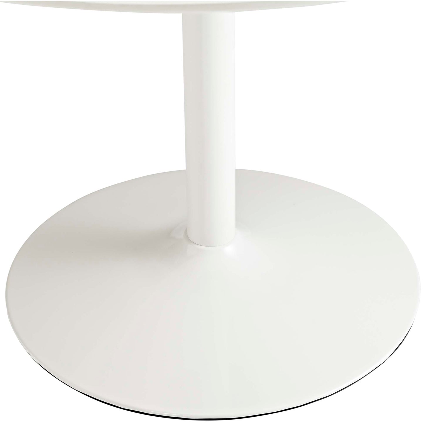 White natural metal pedestal dining table with circular base and slim central column; part of a modern minimalist 3-piece dining set.