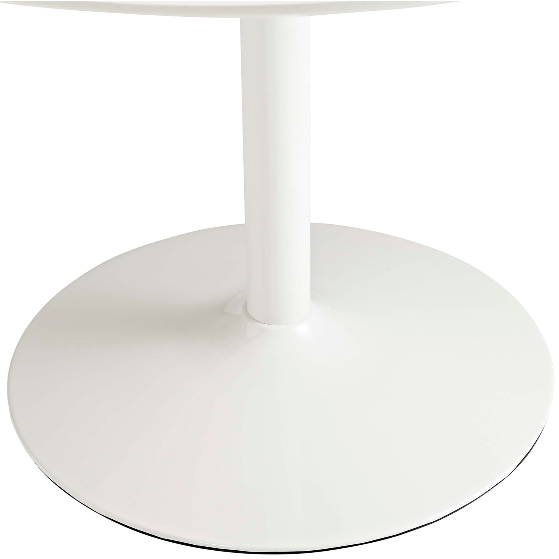 White natural metal pedestal dining table with circular base and slim central column; part of a modern minimalist 3-piece dining set.