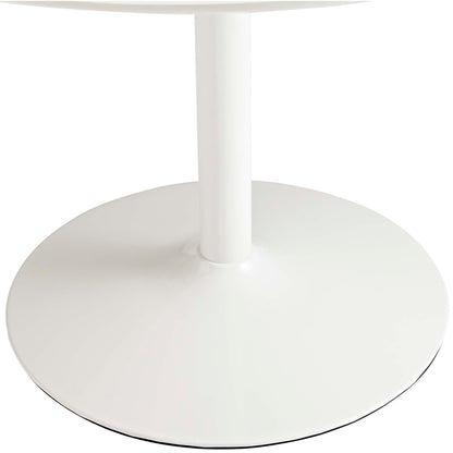 White natural metal pedestal dining table with circular base and slim central column; part of a modern minimalist 3-piece dining set.