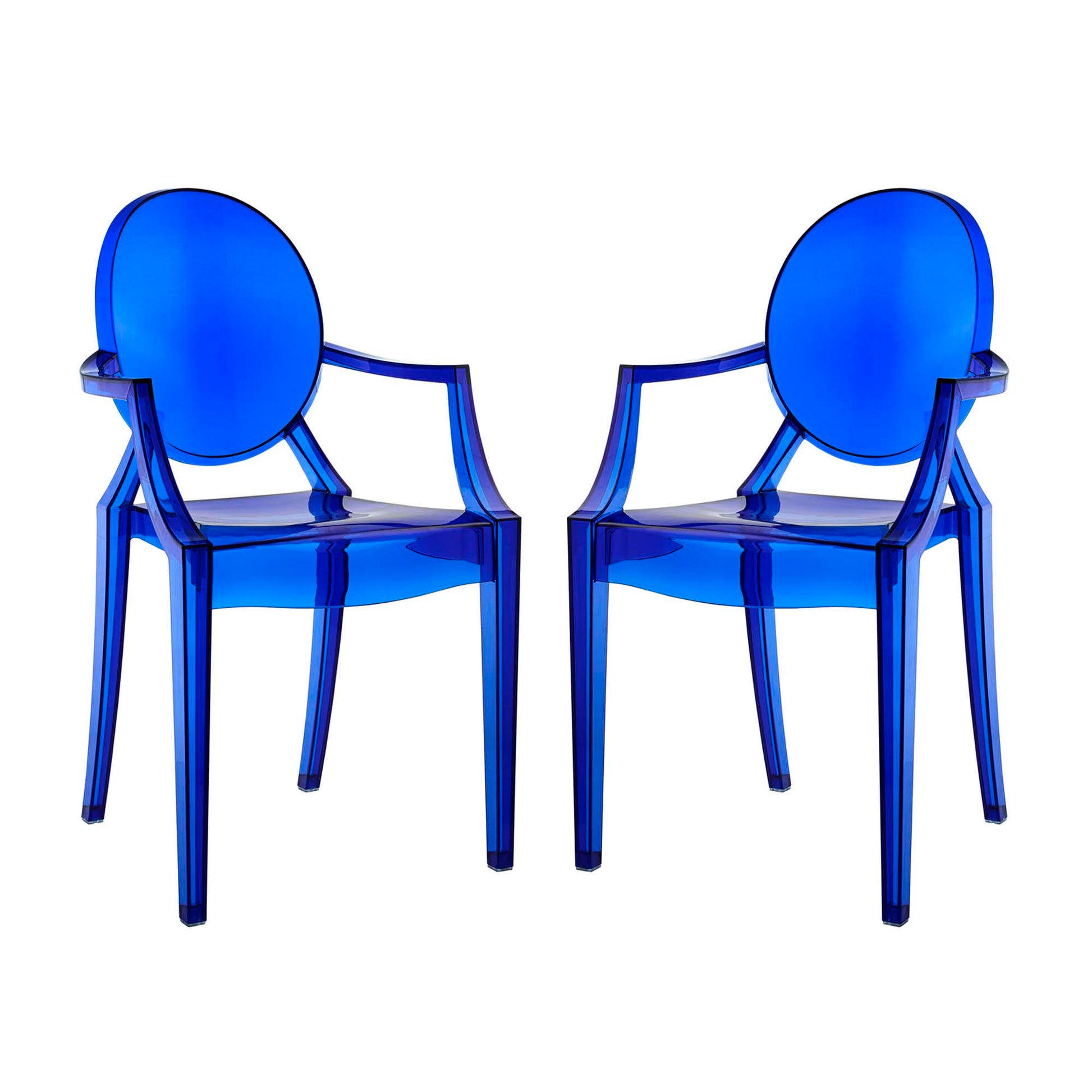 Pair of translucent cobalt blue acrylic chairs with oval backs, angular arms, and slim legs.
