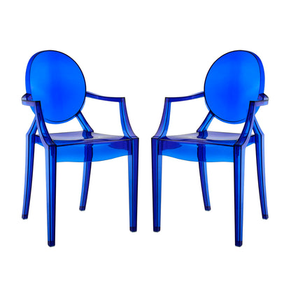 Pair of translucent cobalt blue acrylic chairs with oval backs, angular arms, and slim legs.
