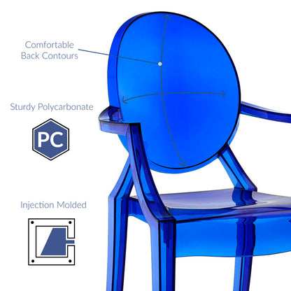Blue translucent round-back dining armchairs, injection-molded polycarbonate with comfortable back contours, set of 2.