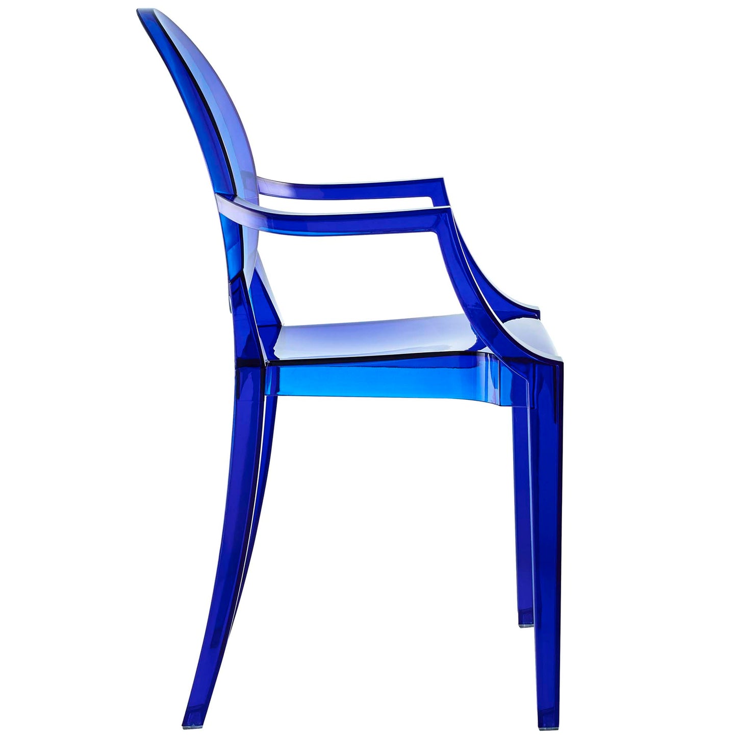 Translucent cobalt blue acrylic dining armchairs set of 2 with curved armrests & sculpted legs, modern accent seating.