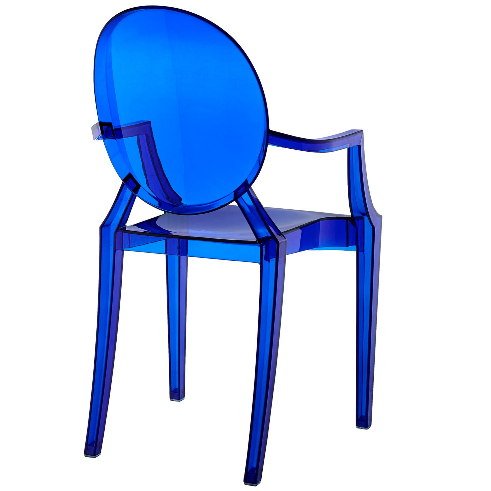 Blue transparent acrylic dining armchairs (set of 2) with round backrests, angular arms, and four straight legs.