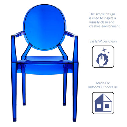 Blue transparent acrylic dining armchairs; pair with round back and geometric frame; indoor/outdoor use and wipe-clean