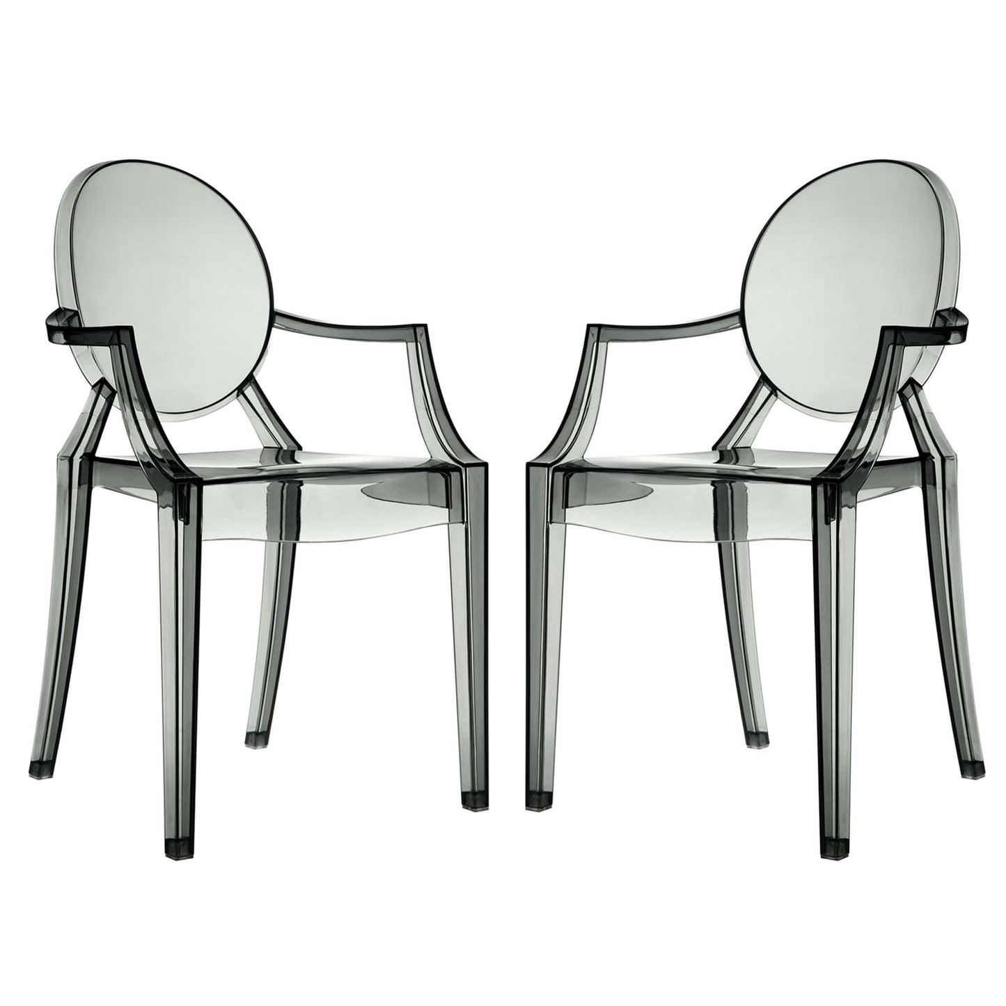 Pair of smoked transparent acrylic chairs with round backrests and angular arms.