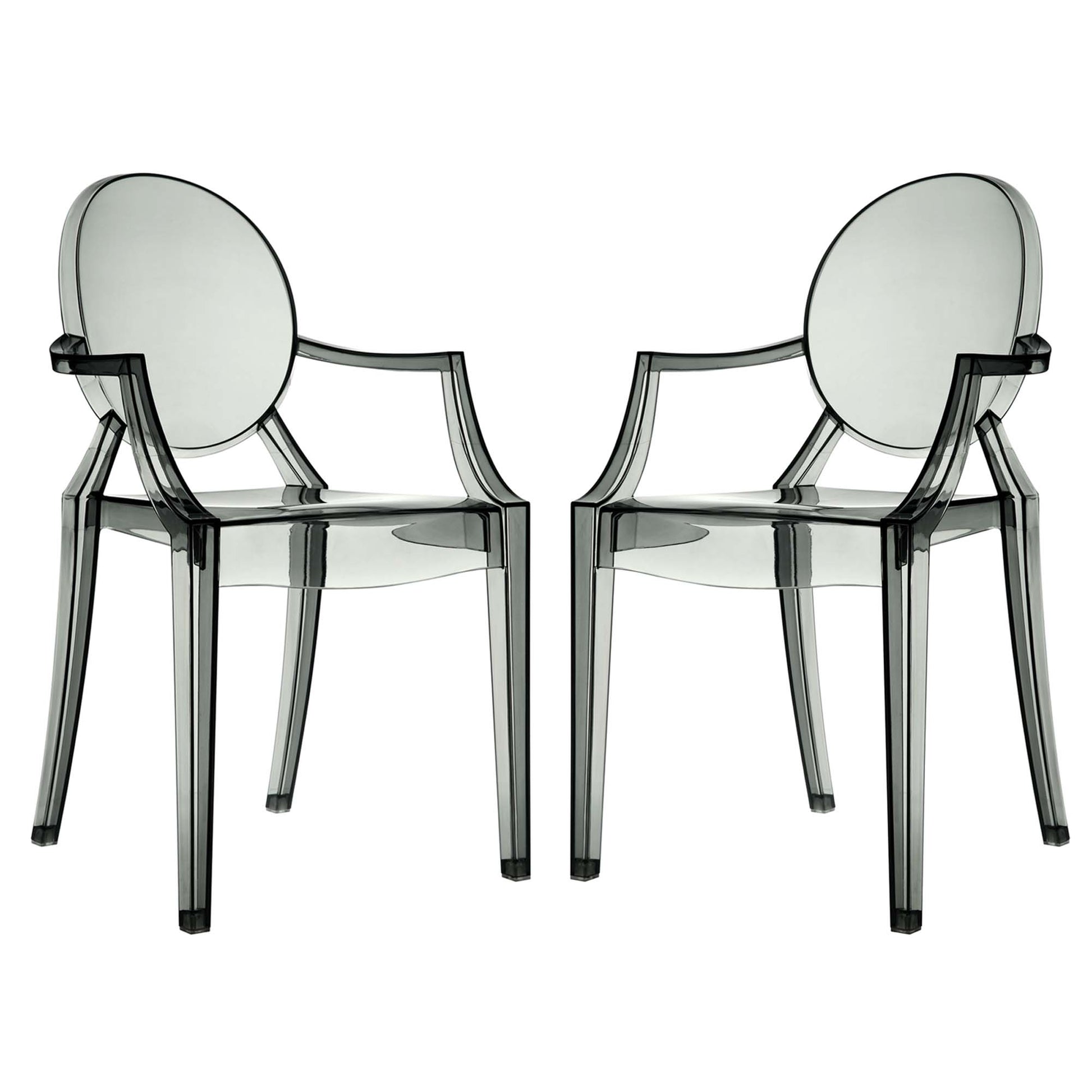 Pair of smoked transparent acrylic chairs with round backrests and angular arms.